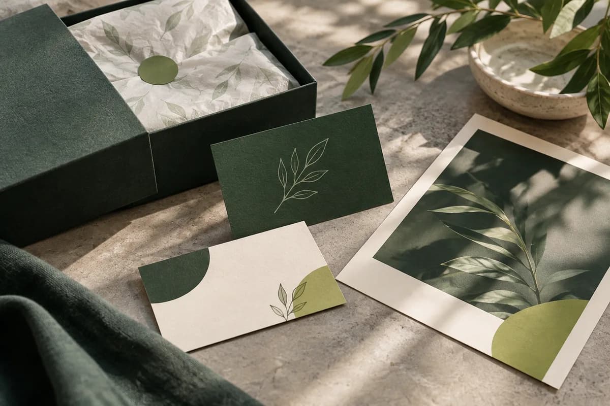 A green gift box, a small card with a leaf sketch and a botanical print arranged as a coordinated small business print kit.