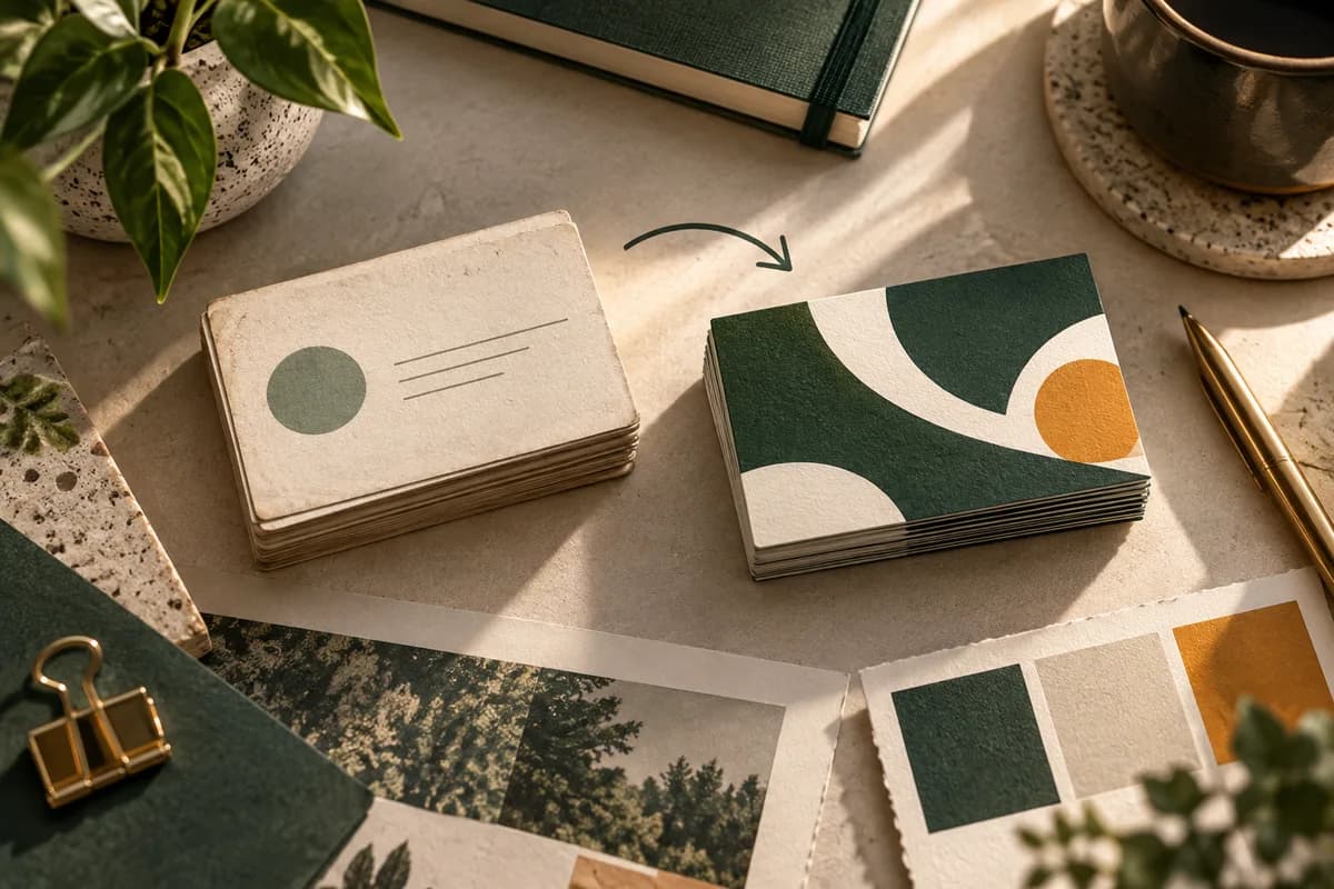 old and refreshed abstract card compositions on a design desk