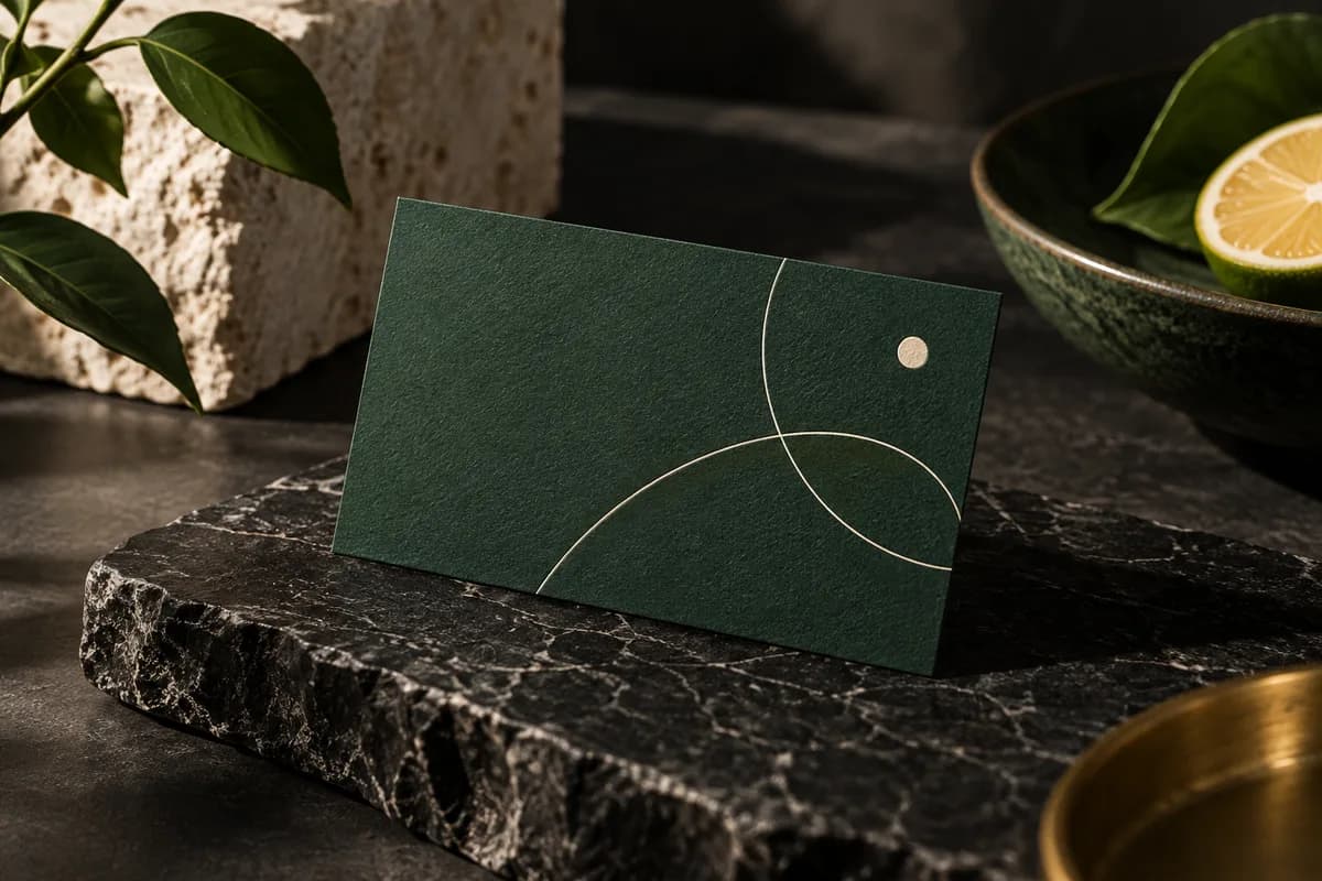 deep green business card with subtle ivory abstract linework on black stone