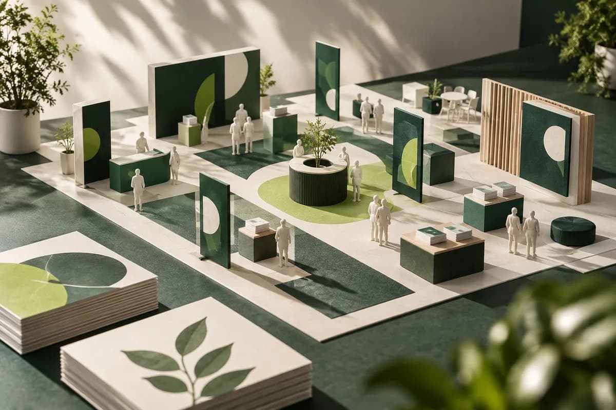 miniature exhibition layout with green standing signs and card stacks