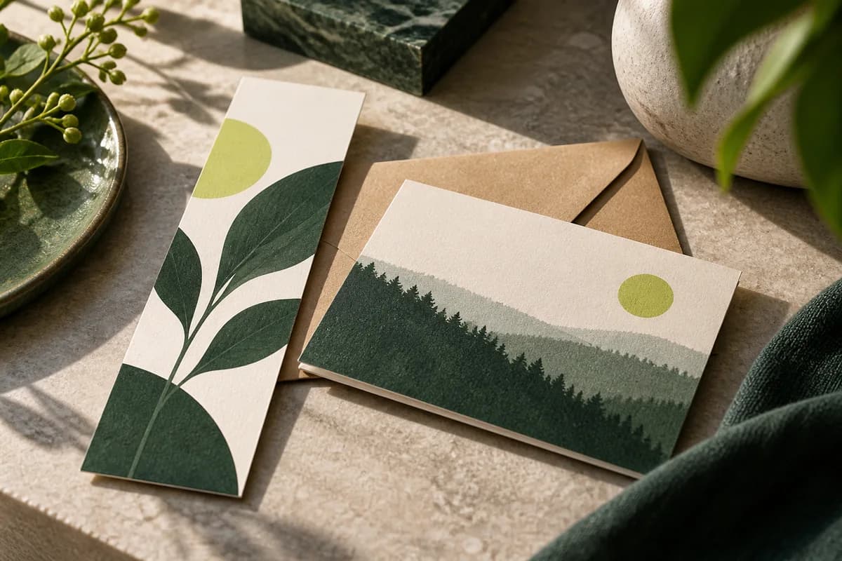 slender flyer and thick postcard paired with a kraft envelope