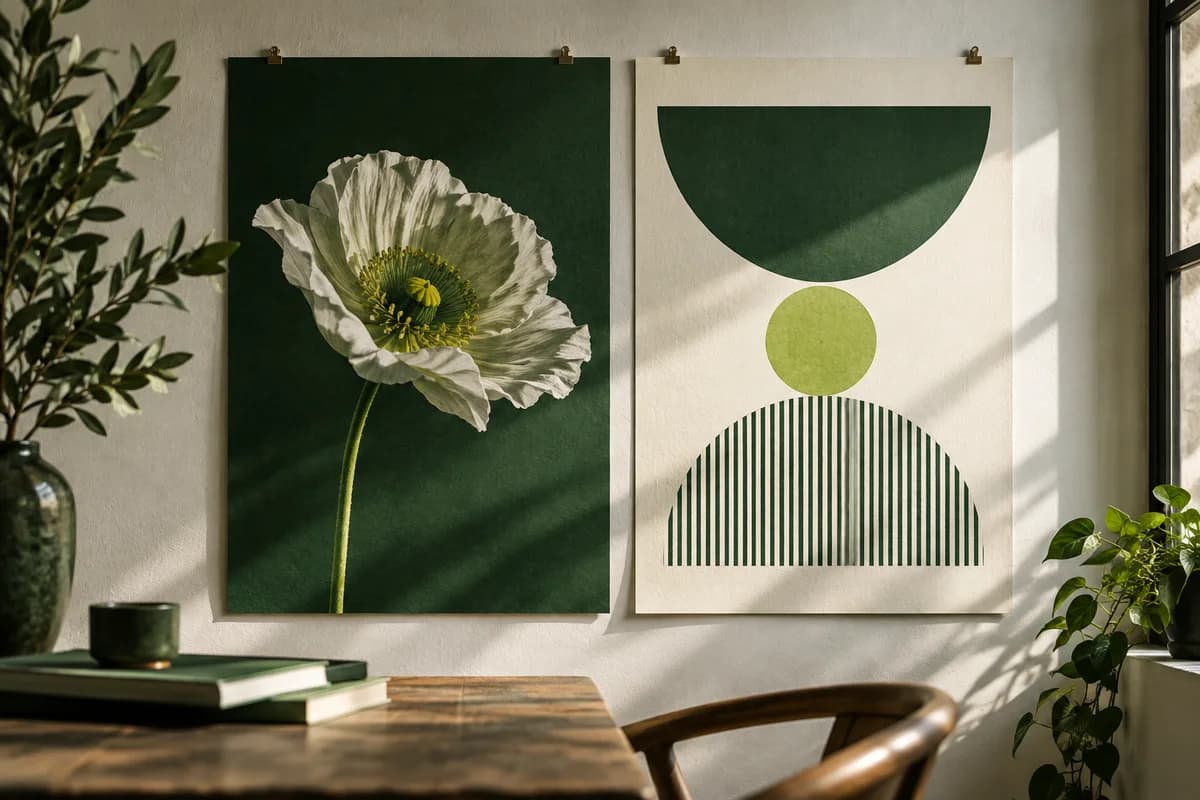 Two posters on a wall, one with a white poppy photograph and one with a geometric green design, shown side by side.