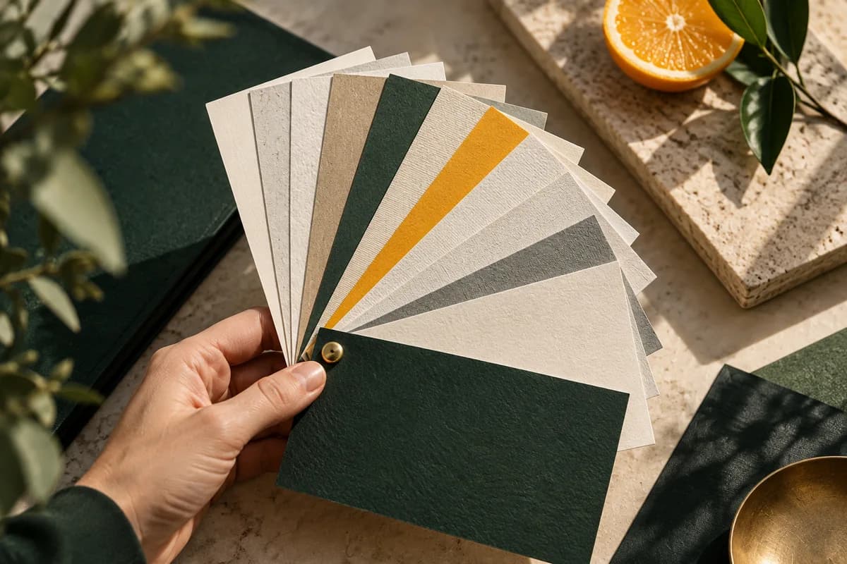 A hand fanning out paper sample swatches in cream, gray, mustard and forest green.