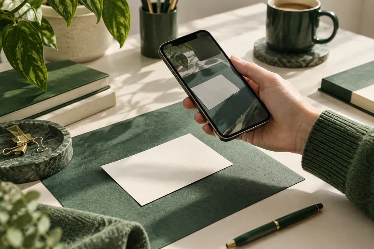A hand holding a phone above a blank card on a green desk mat, testing a printed piece.