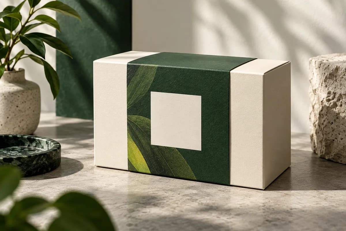 ivory product box with green sleeve and blank square label area