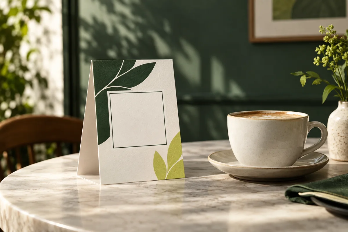 minimal cafe table tent beside a ceramic cup with blank code area
