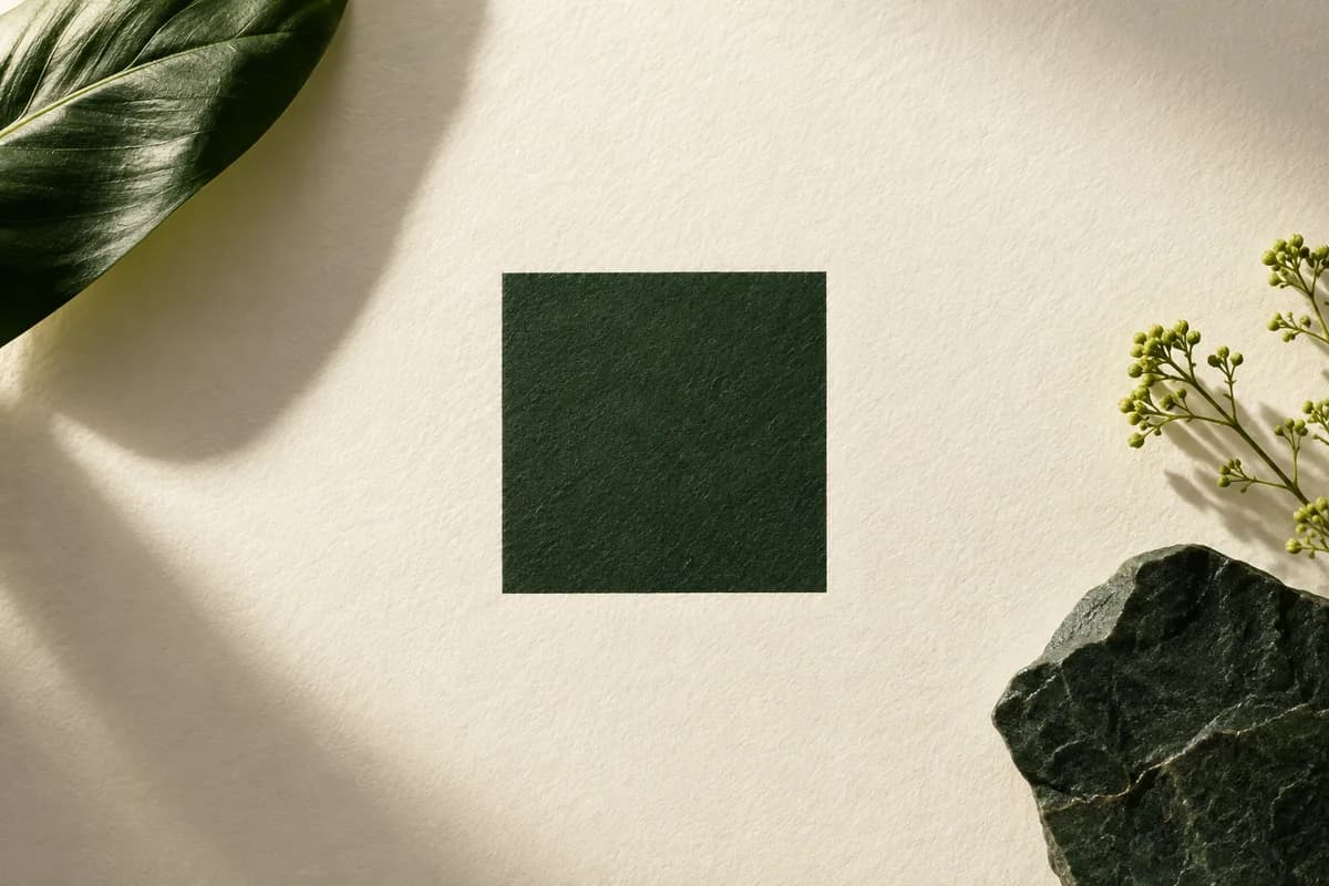 A solid green square printed on a cream card with generous clear space around it.