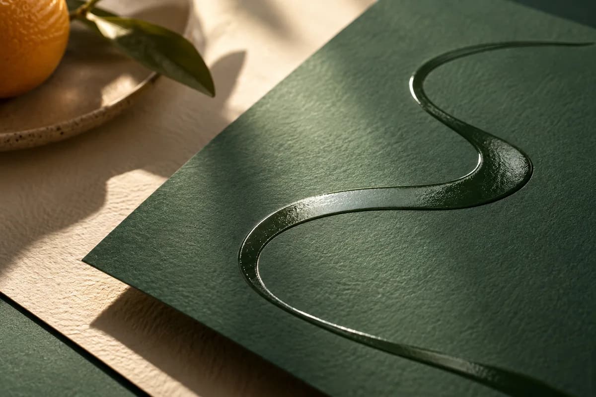 glossy abstract raised line on matte green card with raking light