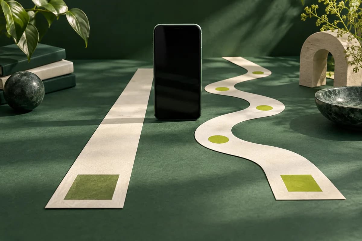 A phone standing between two paper paths on a green surface, one straight and one winding.