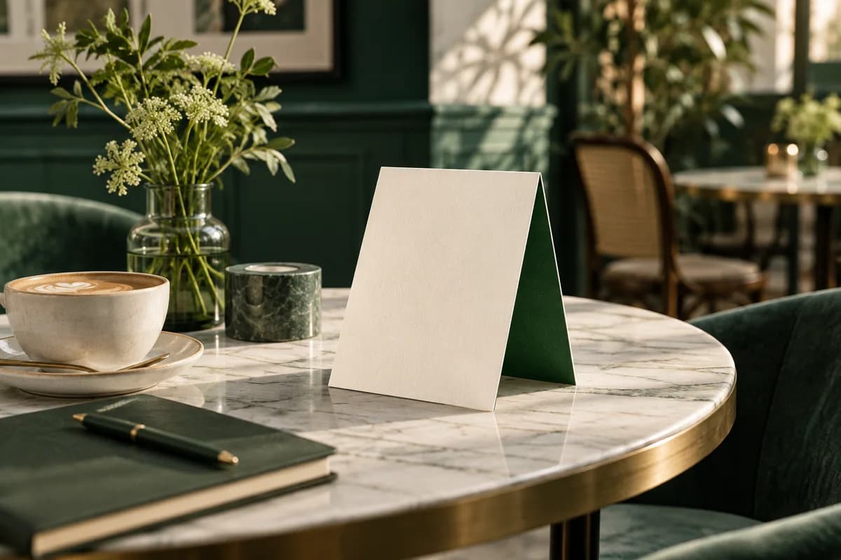 architectural ivory table tent with green interior on cafe table
