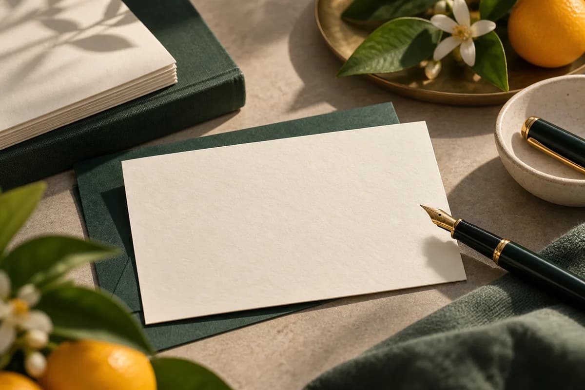 A blank uncoated cream card beside a fountain pen, orange blossoms and a closed notebook.