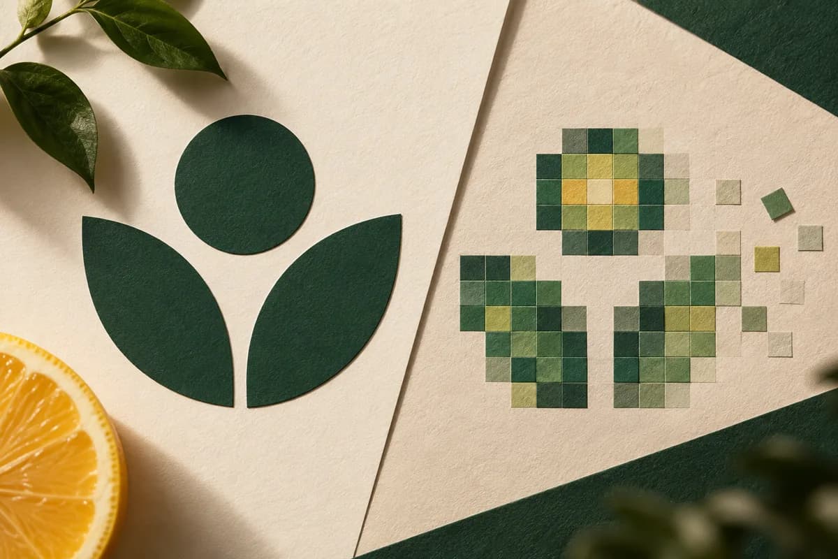 crisp geometric logo shapes cut from paper next to a pixelated square mosaic