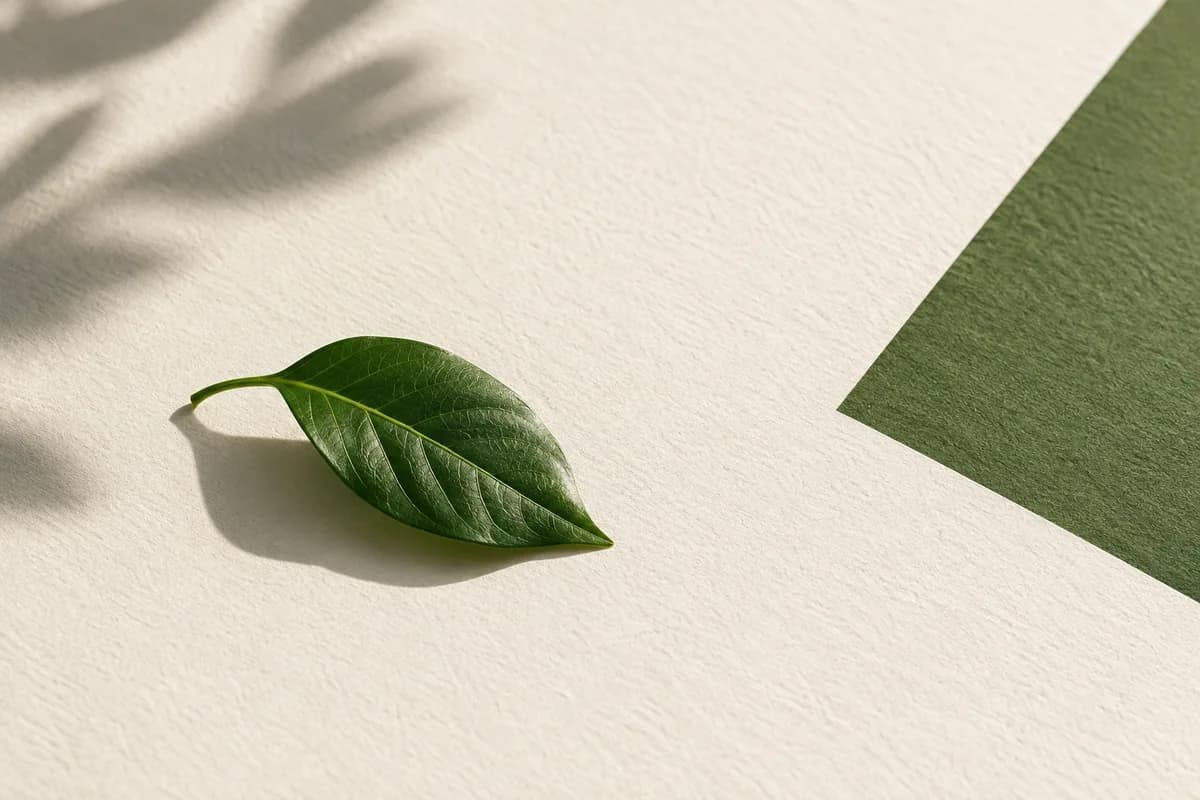 minimal open space on an ivory card with a small green geometric accent