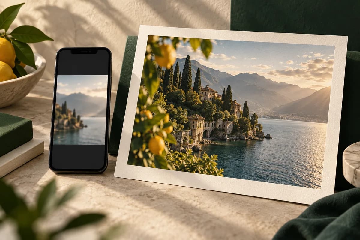 phone shaped blank frame beside a larger detailed photographic paper print