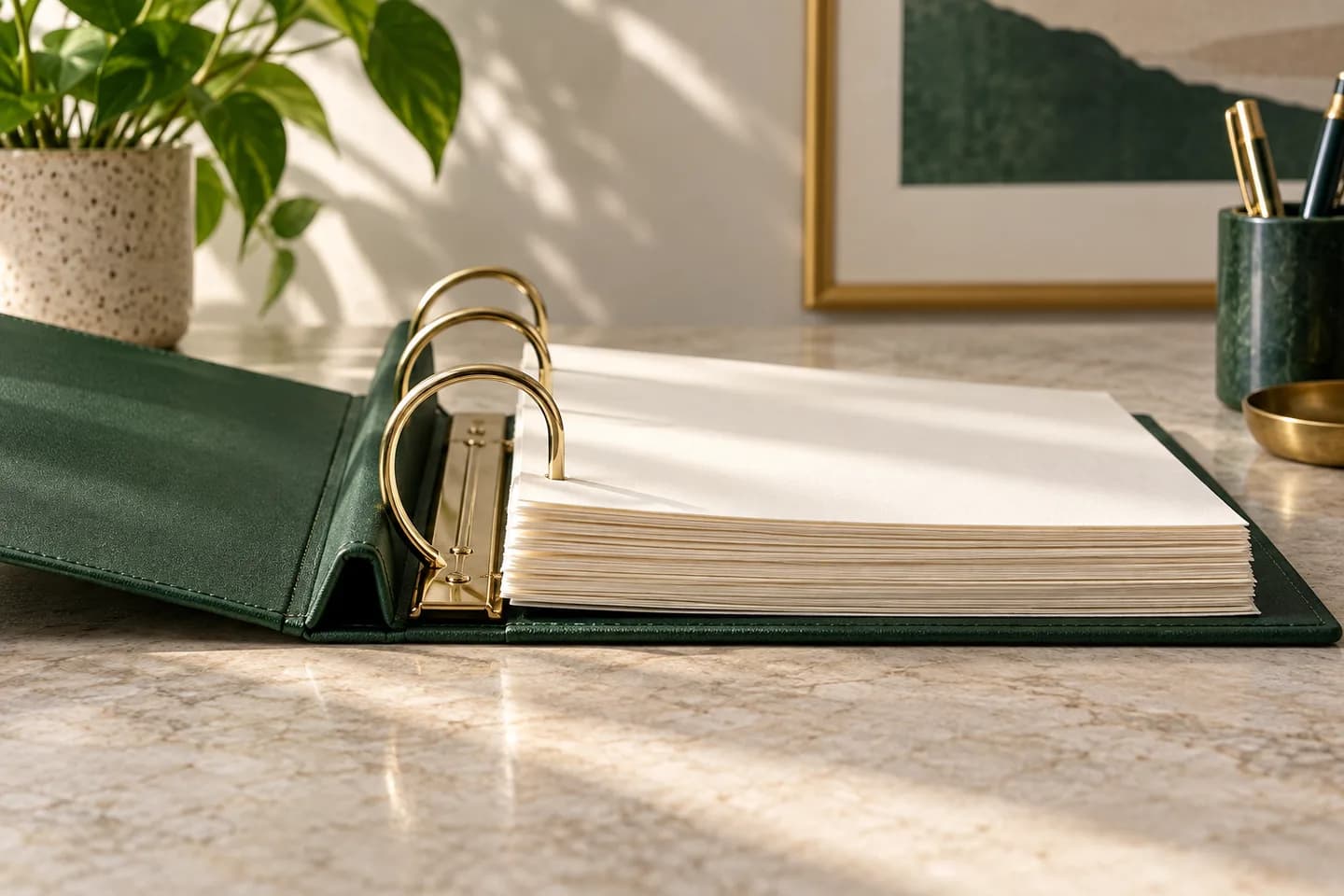 Concept illustration: Side profile of an open green ring binder with layered ivory paper and generous breathing room at rings.