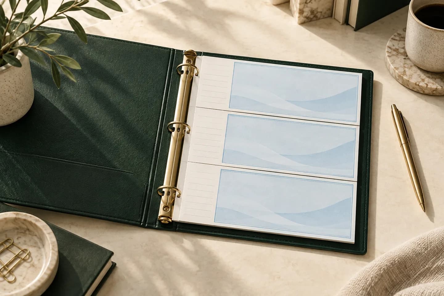 Concept illustration: Open forest green binder holding exactly three pale blue horizontal check shaped forms, with narrow blank left record stubs, brass pen.