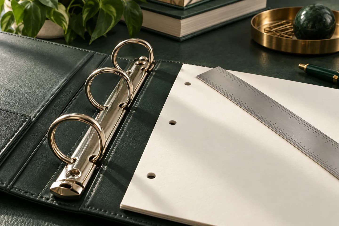 Concept illustration: Close up of polished binder rings beside a blank punched paper sheet and a steel ruler, meticulous still life.