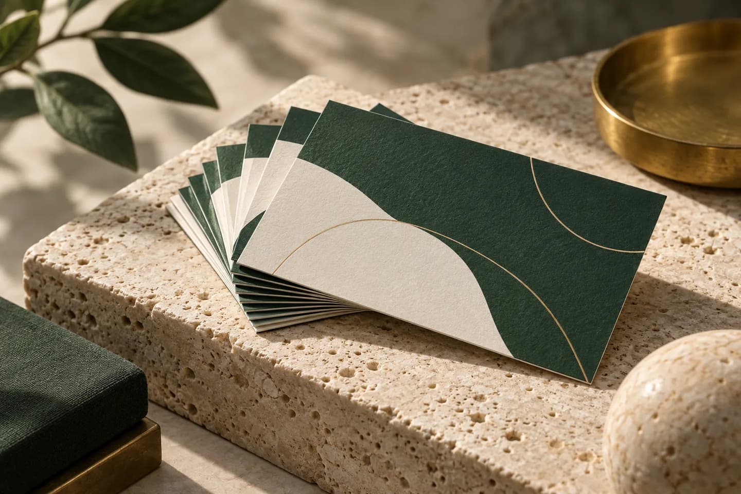 Concept illustration: Beautiful forest green and cream abstract business cards fanned on a travertine plinth, tactile paper edges.