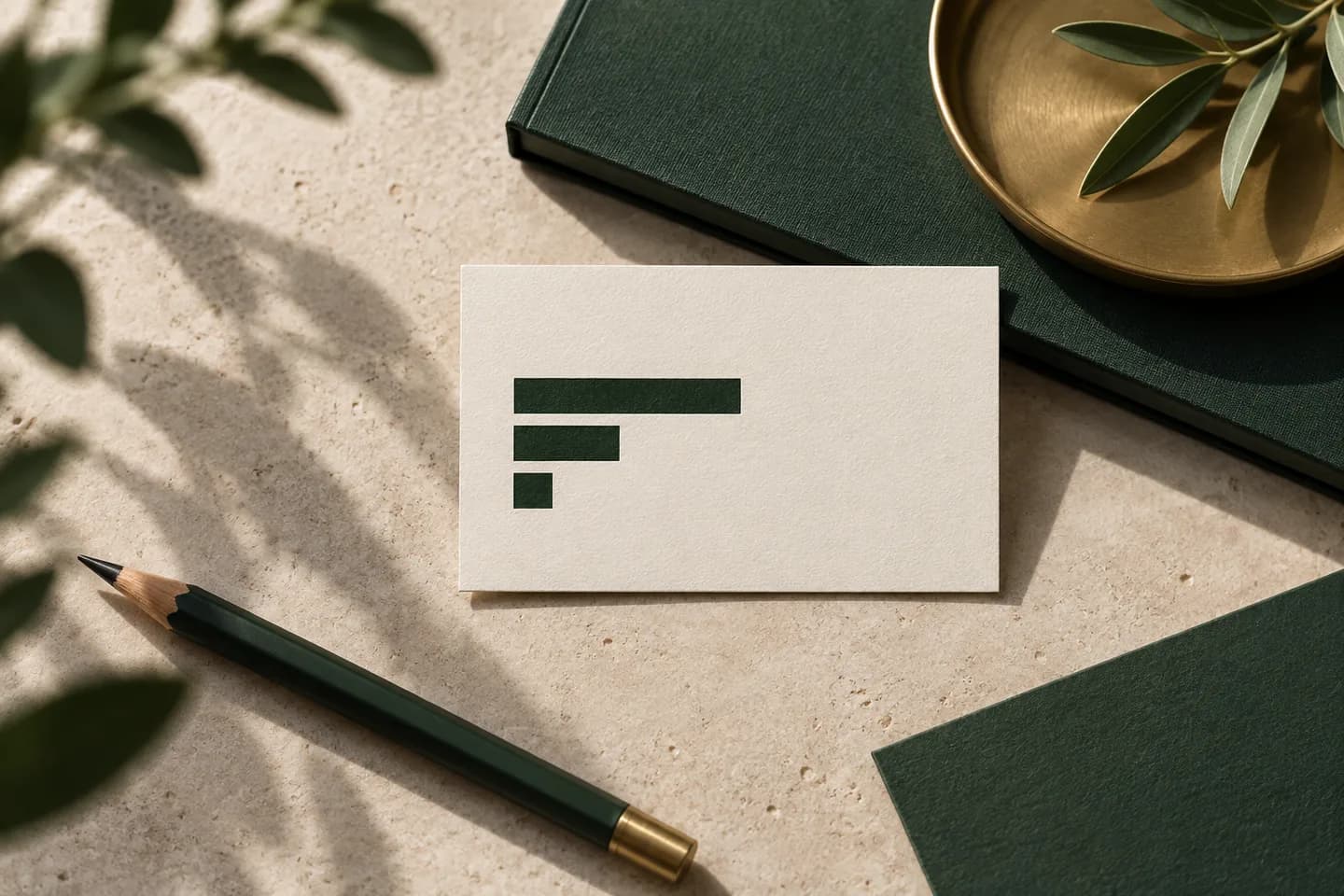 Concept illustration: Minimal cream business card with abstract dark green typographic bars, pencil and generous negative space.