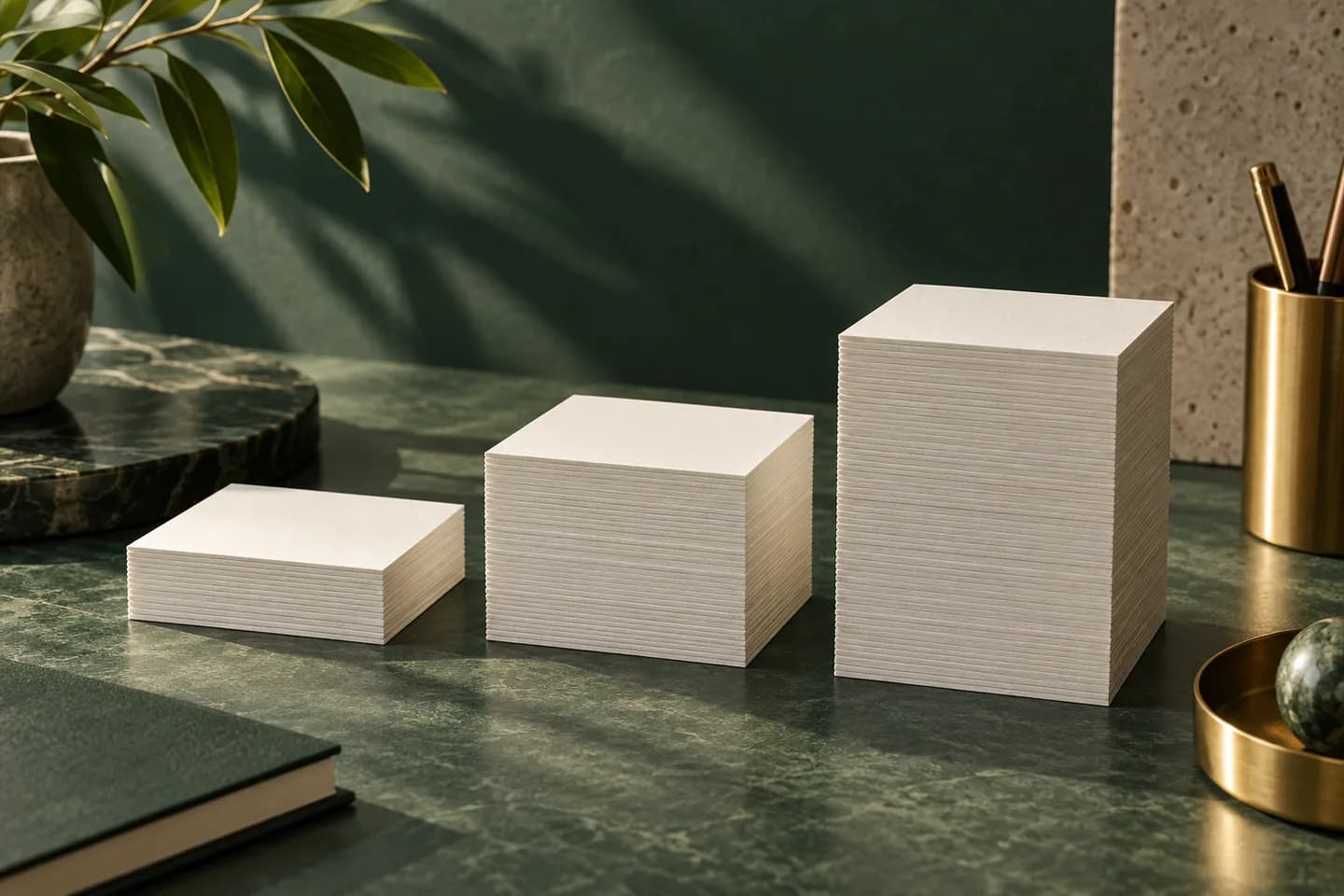 Concept illustration: Three stacks of blank premium business cards of different heights, refined side lighting.