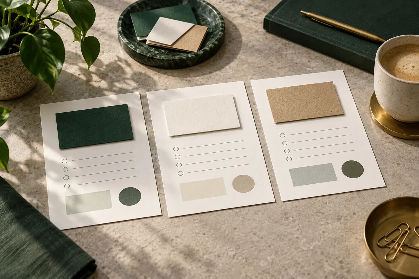 Concept illustration: Three small blank quote sheets with different business card swatches on a calm stone desk.
