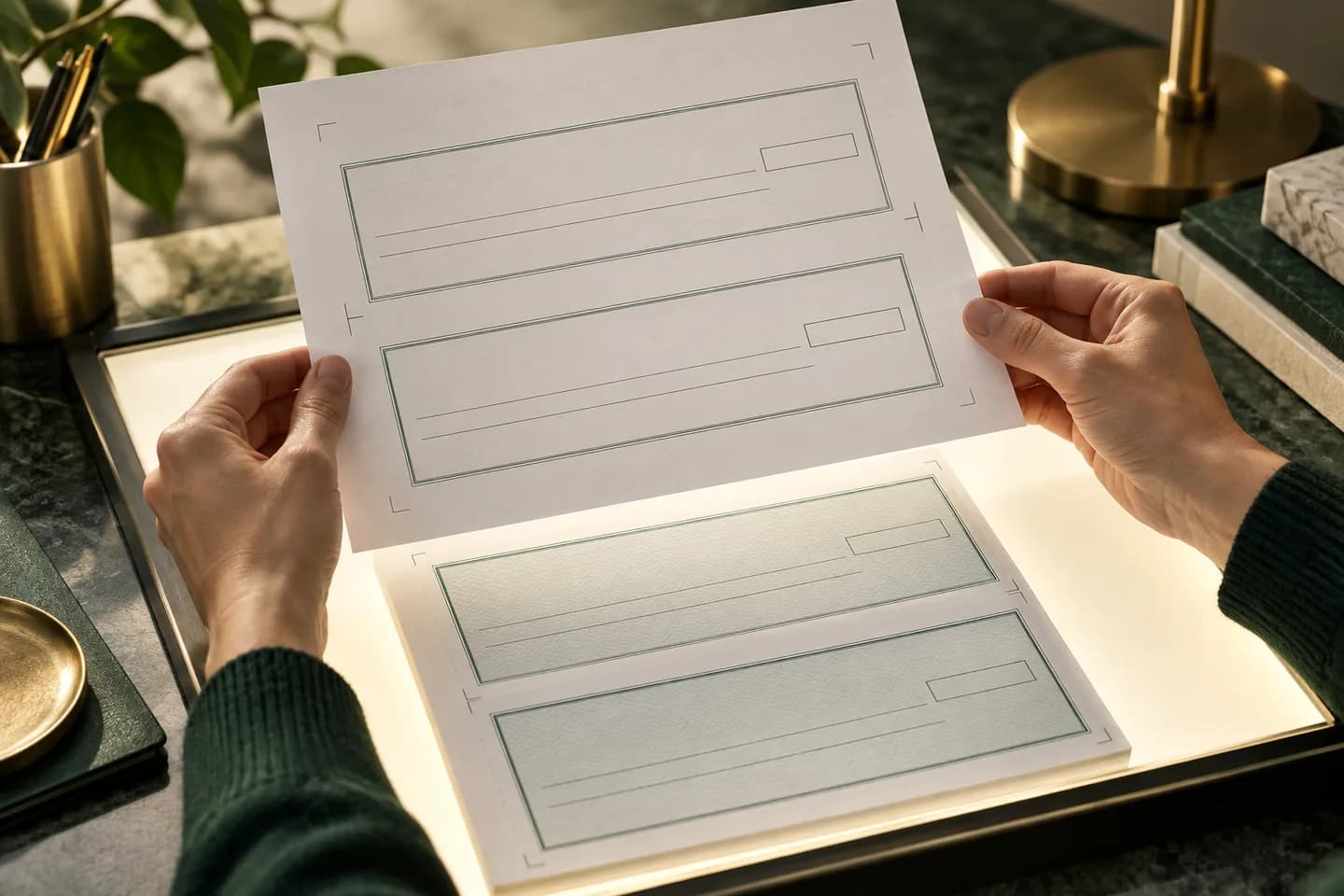Concept illustration: Plain paper proof held above abstract blank check stock over softly glowing light table, no UI or text.