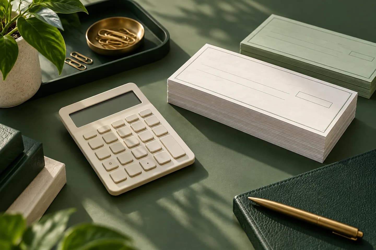 Concept illustration: Minimal calculator with blank display, paper stacks and brass paper clips on sage green desktop.