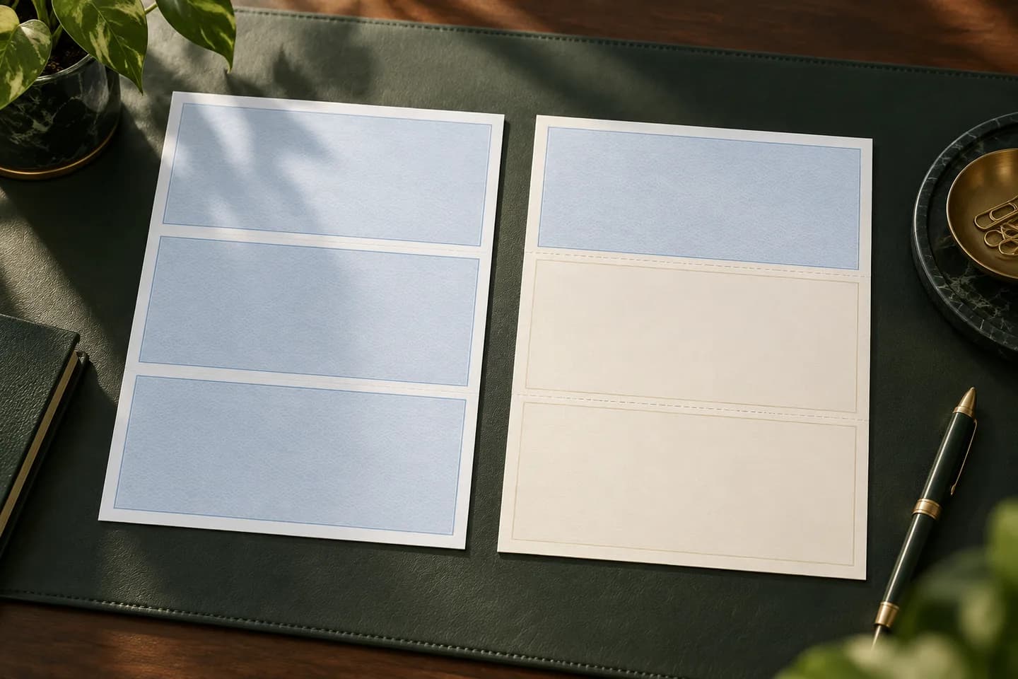 Concept illustration: Two blank sheets side by side: one divided into three equal blue panels, one with a blue top panel and two cream stubs.