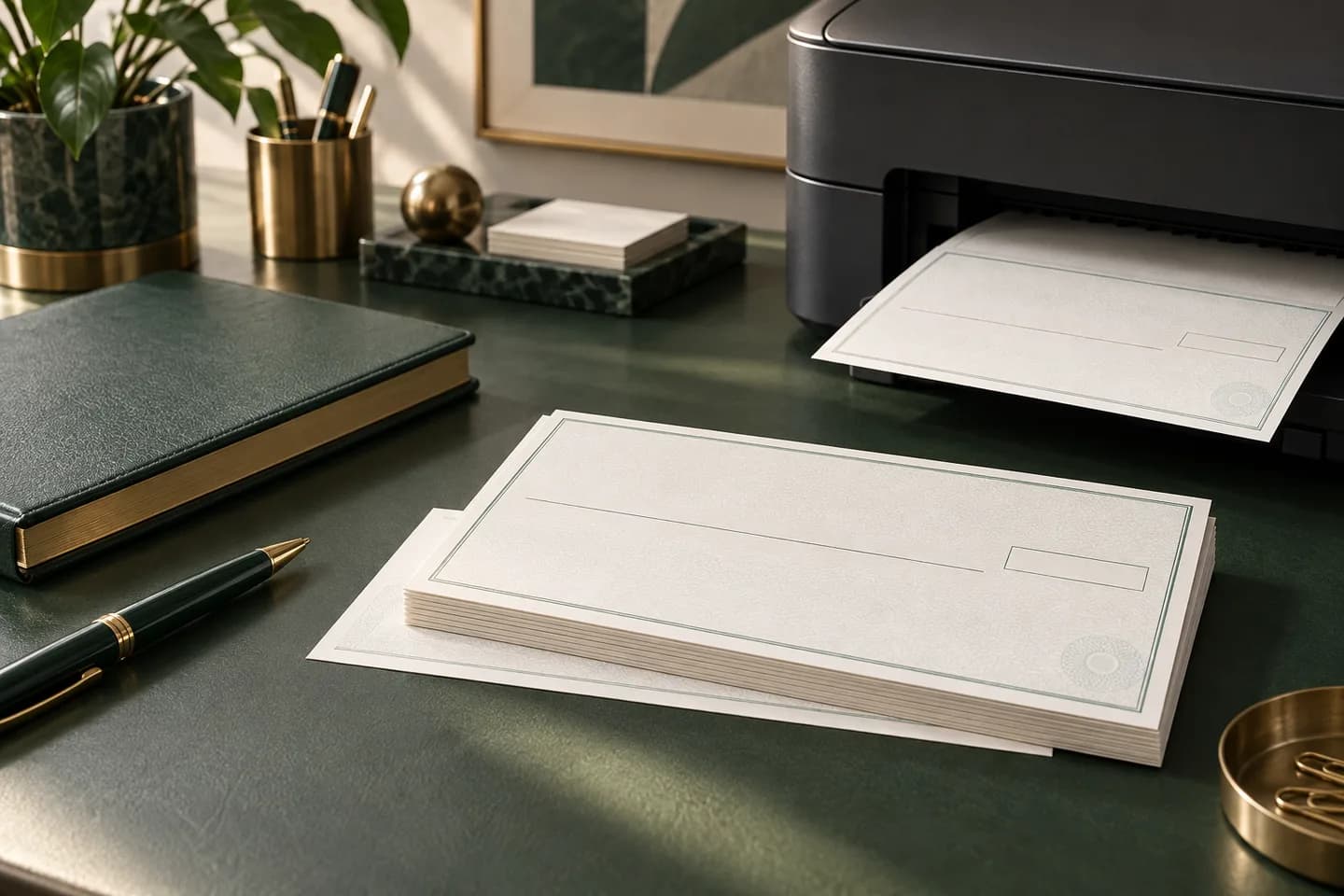 Concept illustration: Refined office still life with abstract blank check stock, desktop printer, closed ledger and pen.
