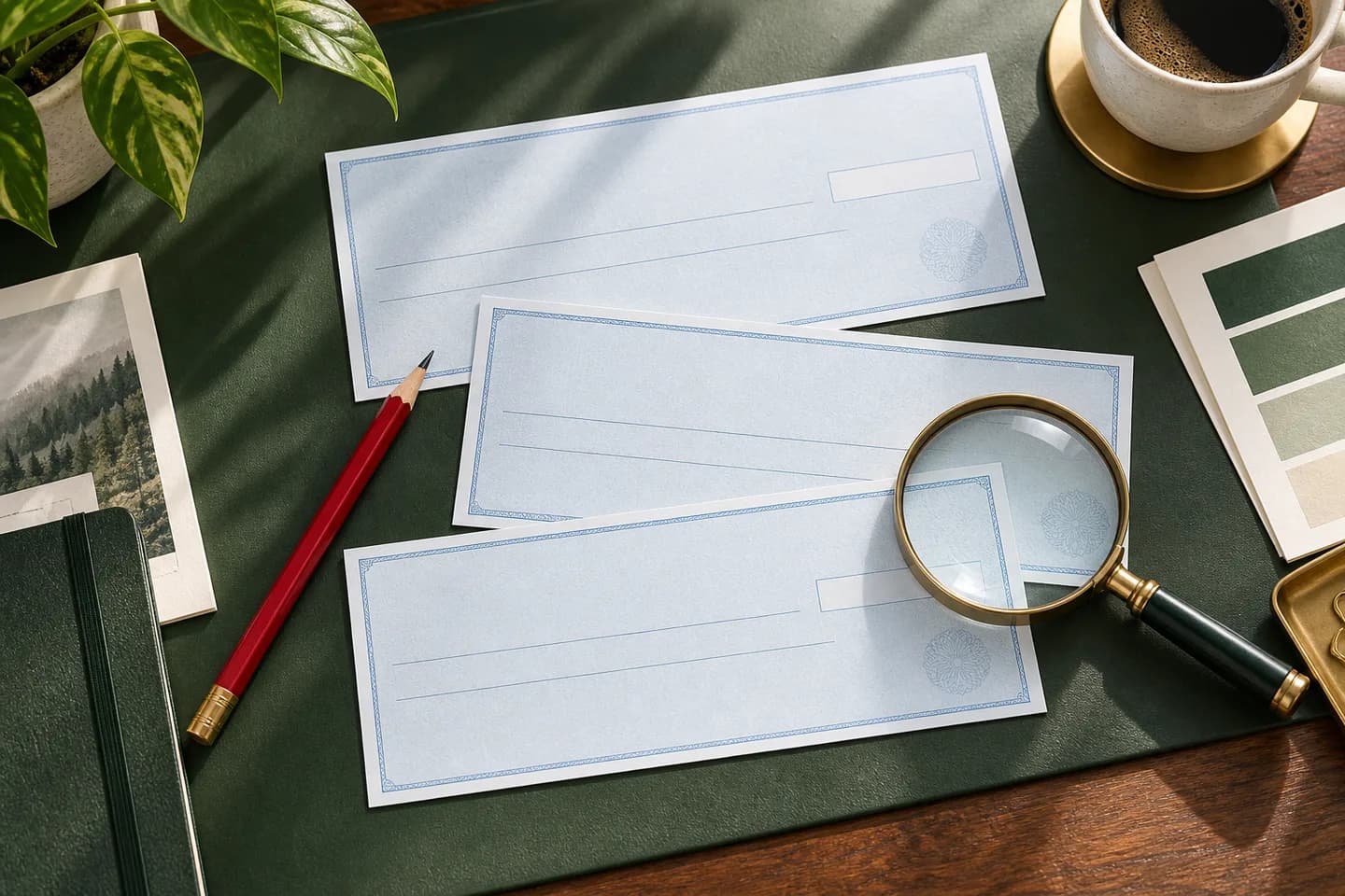 Concept illustration: Editorial overhead proofing desk with red pencil, blank pale blue check shaped samples and magnifier.
