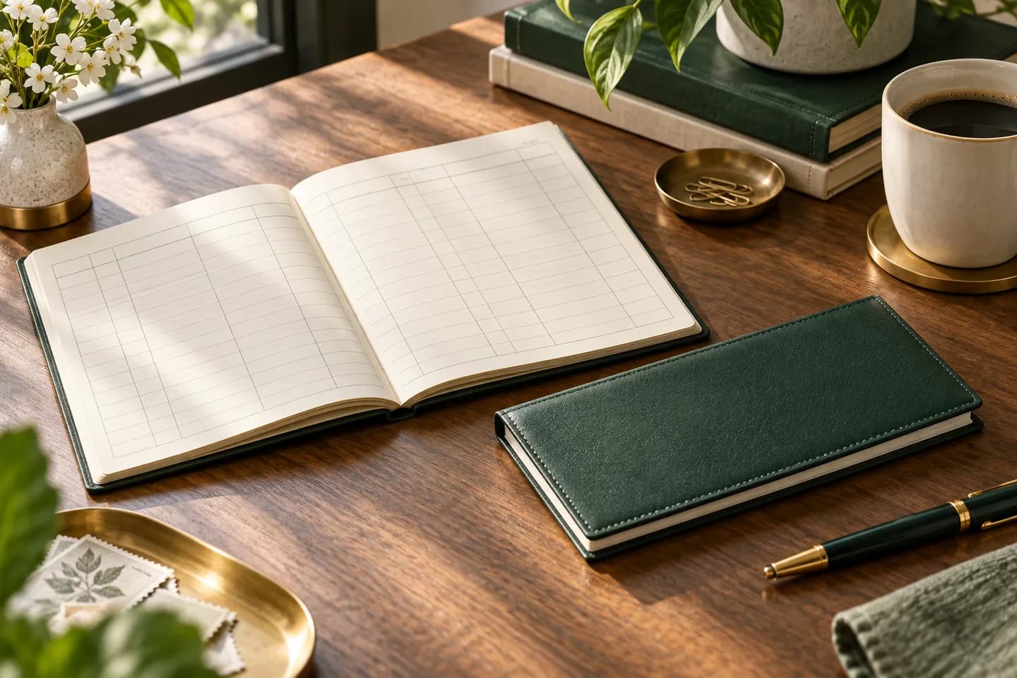Concept illustration: Open cream ledger with faint unmarked grid beside compact green checkbook, morning light.