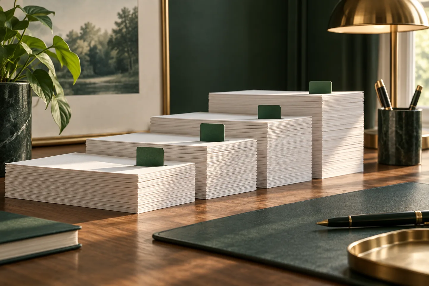 Concept illustration: Orderly stepped paper stacks separated by small unmarked green tabs, archival desk photograph.