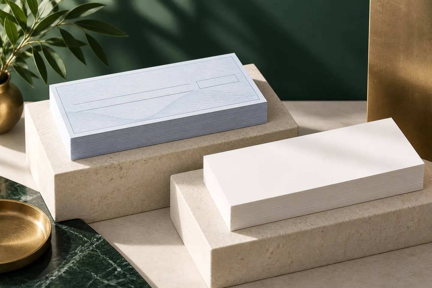 Concept illustration: Two paper stacks on sculptural ivory blocks, one pale blue with abstract lines and the other completely blank.