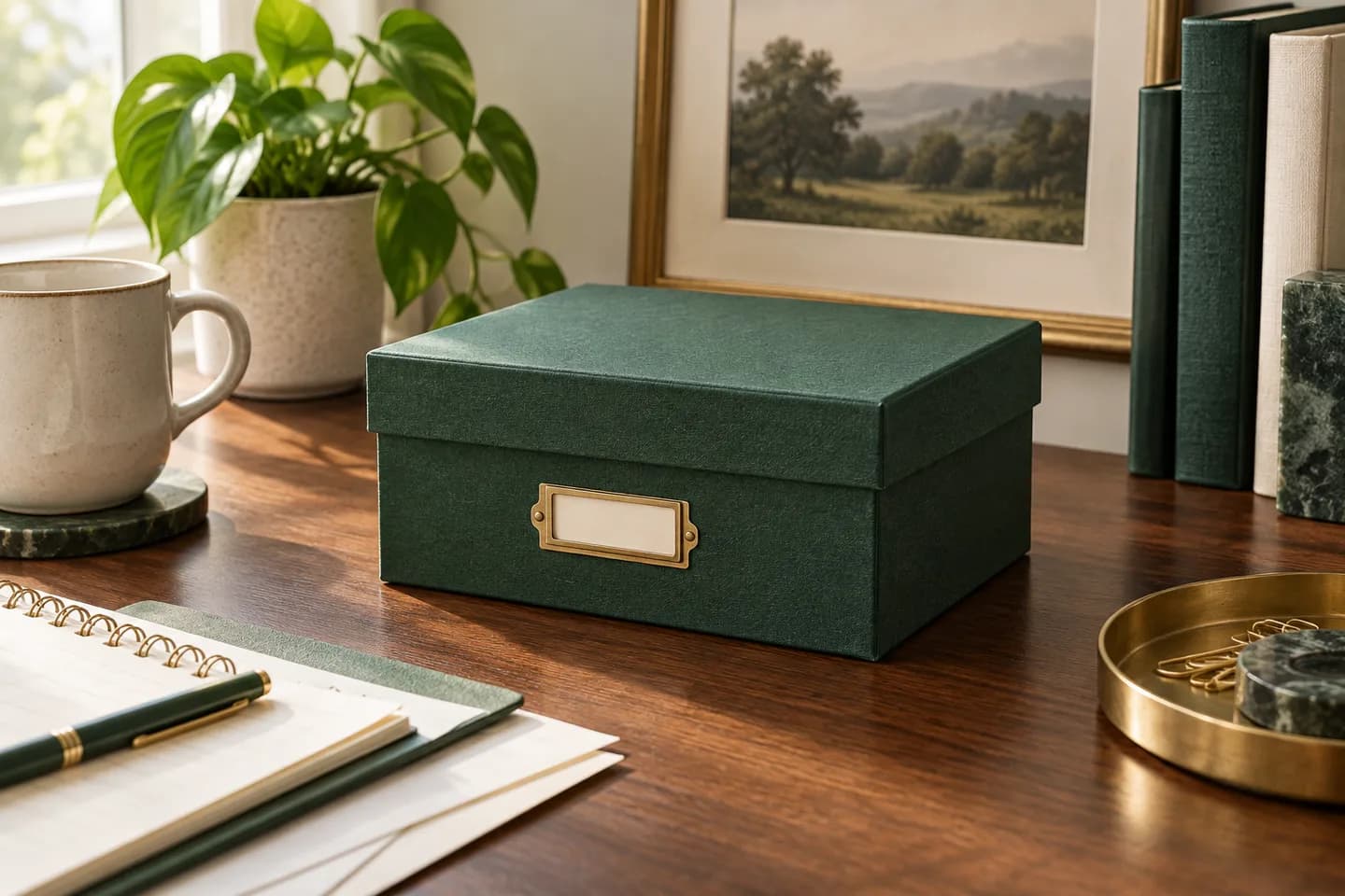 Concept illustration: Closed small green archival box with compact checkbook tucked inside, calm household desk setting.