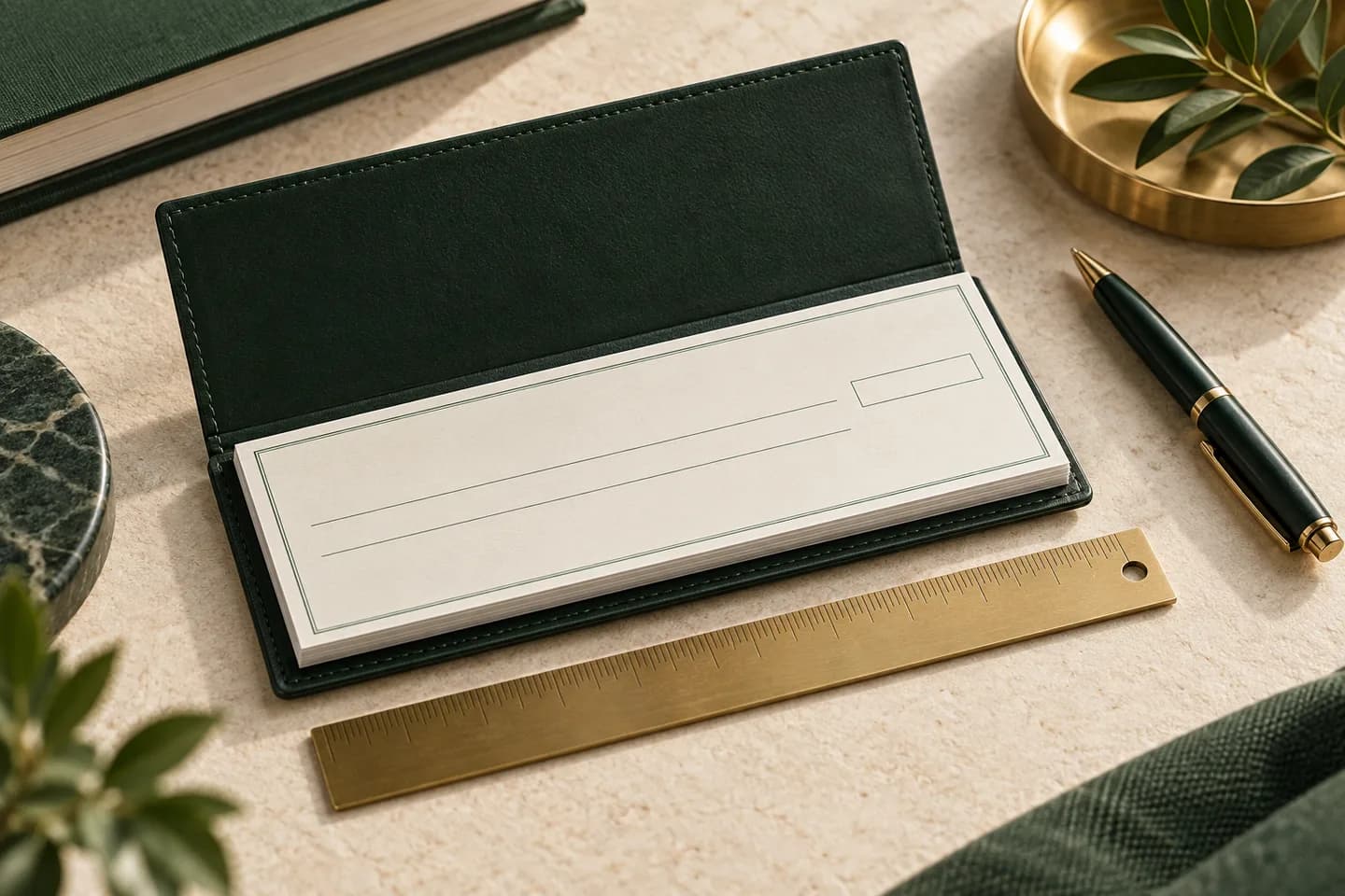 Concept illustration: Compact blank checkbook measured by a ruler on textured cream surface, sophisticated product photography.