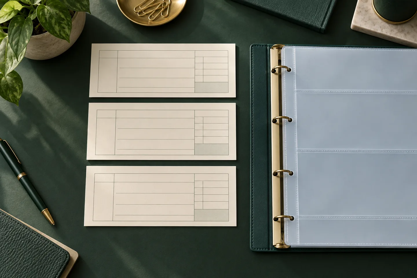 Concept illustration: Three short blank cream forms aligned next to a pale blue binder refill, geometric overhead composition.