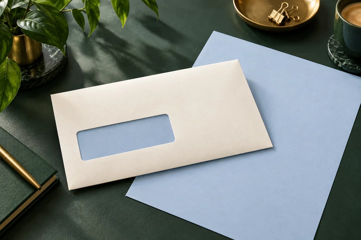 Concept illustration: Cream window envelope with plain blue insert showing through, matching unfolded sheet nearby.