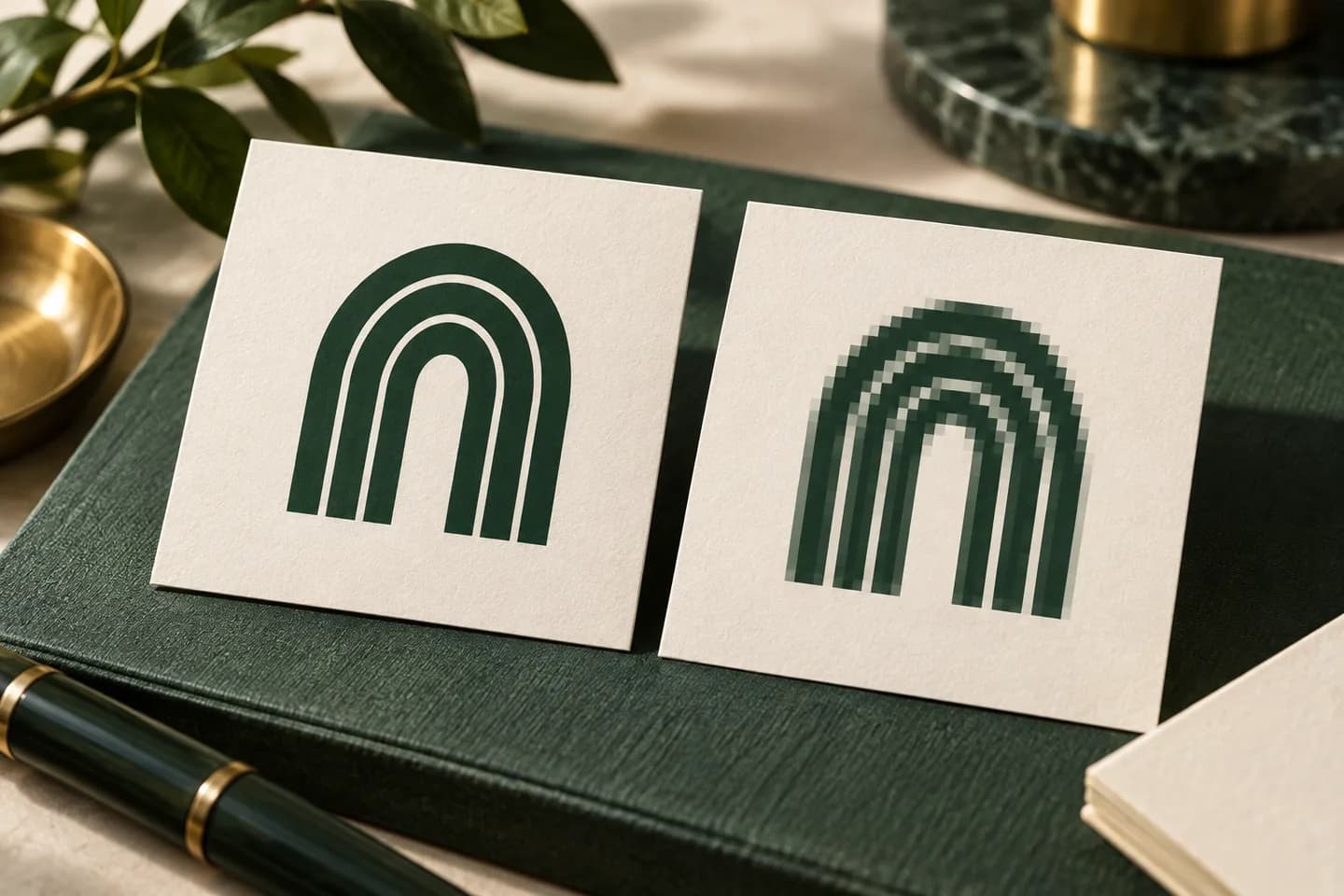 Concept illustration: Two abstract arch logos on cards, one crisp and one visibly pixelated, clean macro comparison.