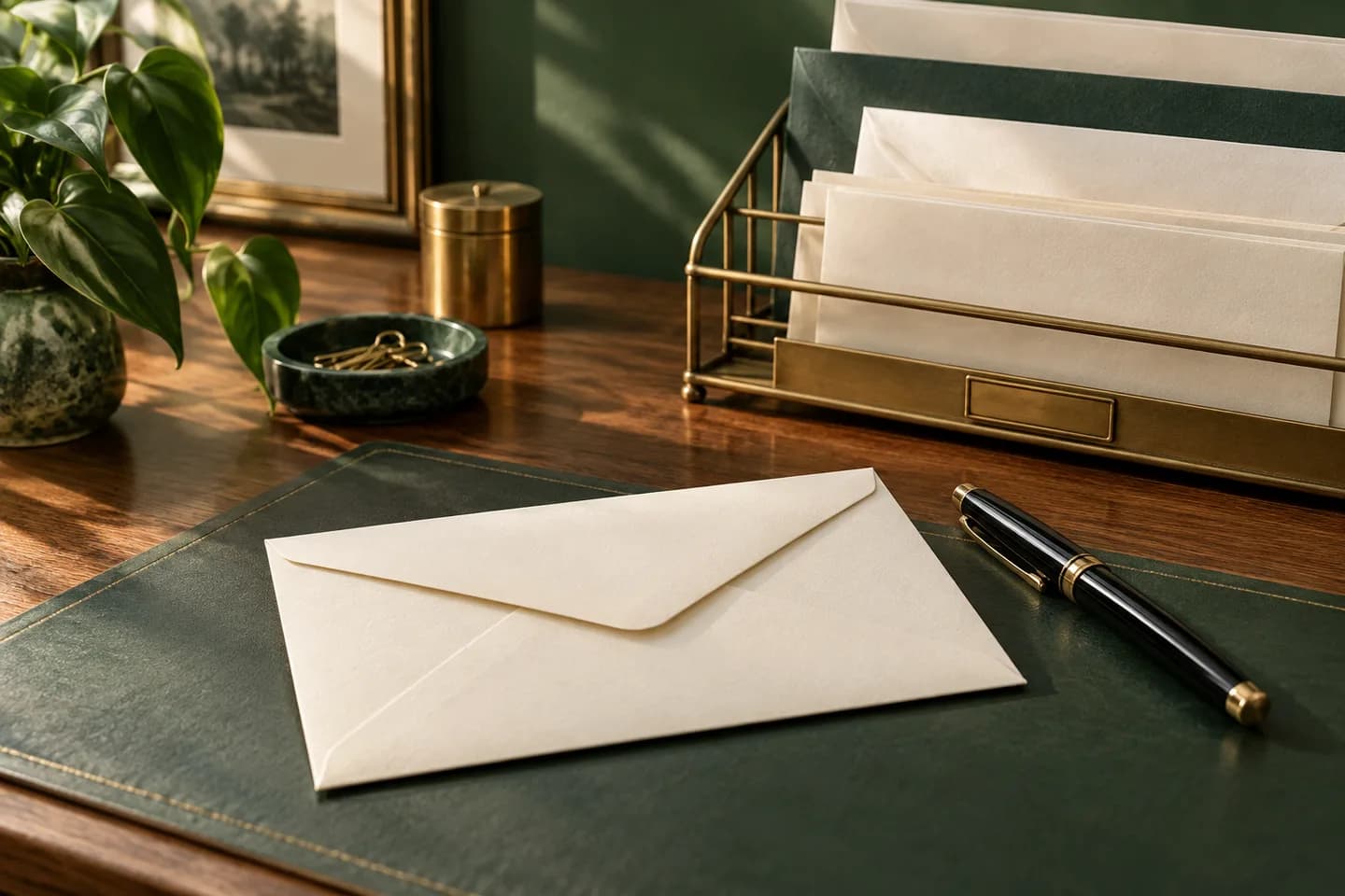 Concept illustration: Sealed cream envelope and capped black pen beside indoor mail tray, warm natural light.