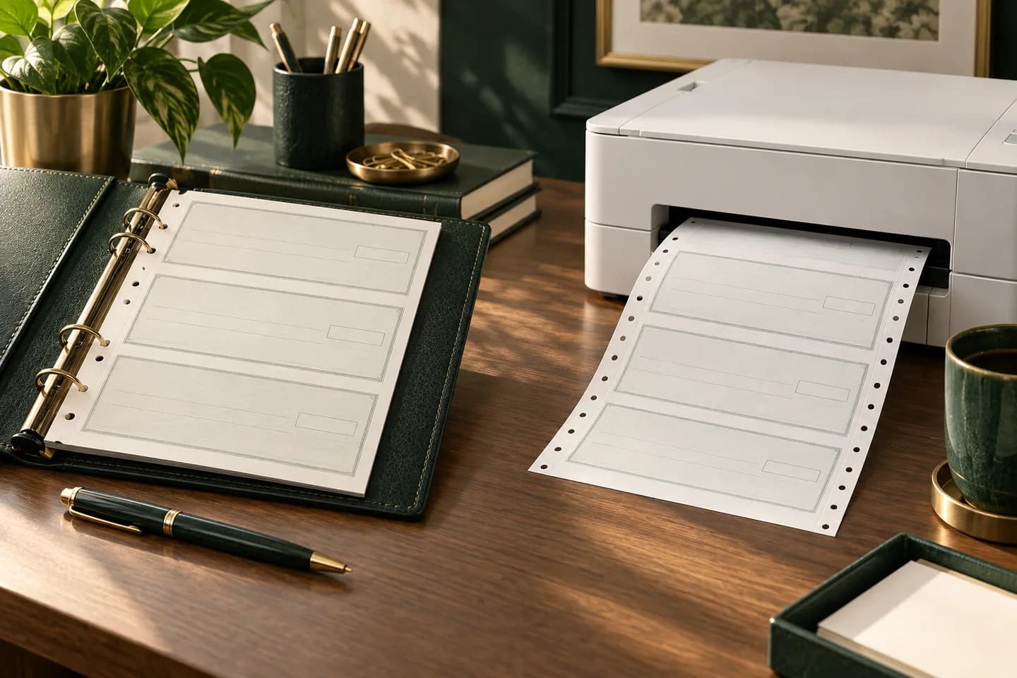 Concept illustration: Handwriting pen and binder at left, clean desktop printer with blank perforated sheet at right.