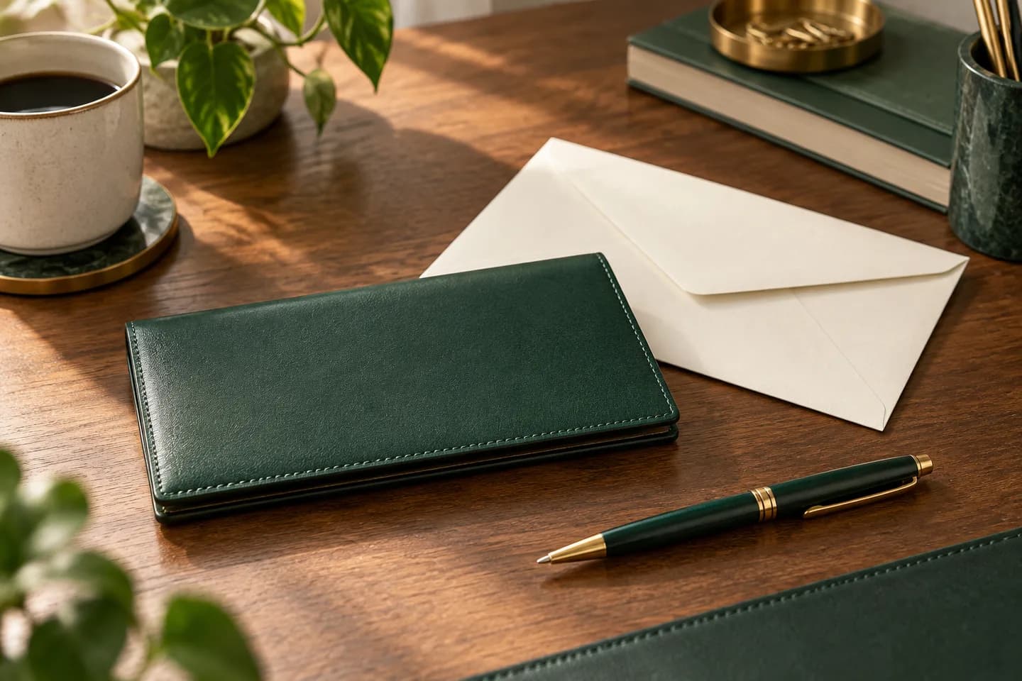 Concept illustration: Small closed green checkbook, unmarked cream envelope and pen on calm home writing desk.