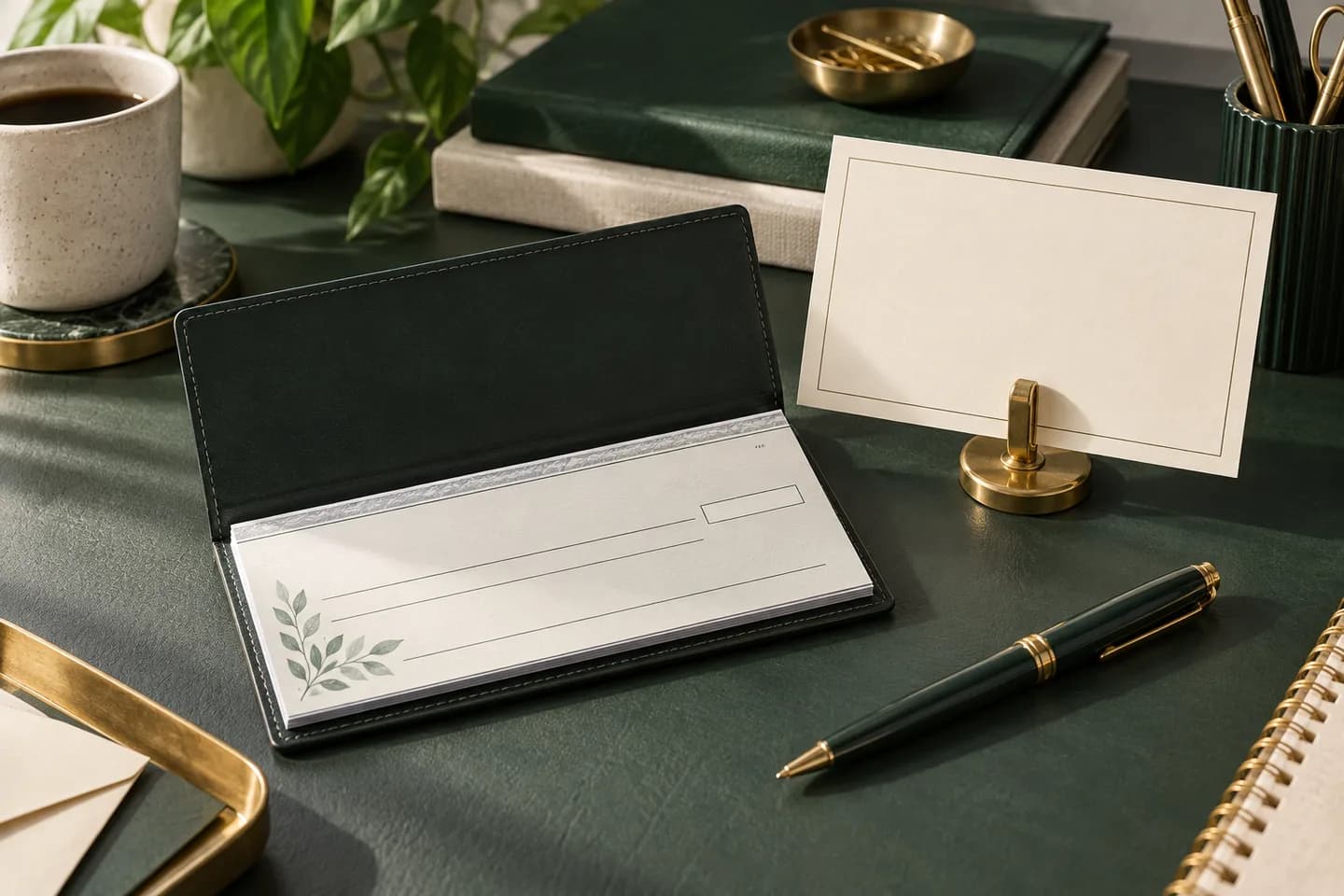 Concept illustration: Neatly organized home stationery with compact checkbook and empty planning card held by brass clip.