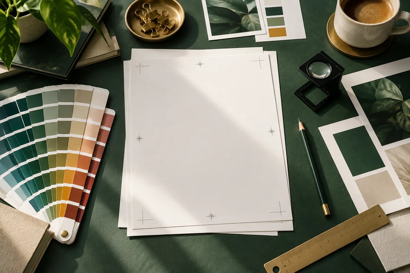 Concept illustration: Beautiful overhead prepress desk with color swatches, blank proof sheets, pencil and crop frame tools.
