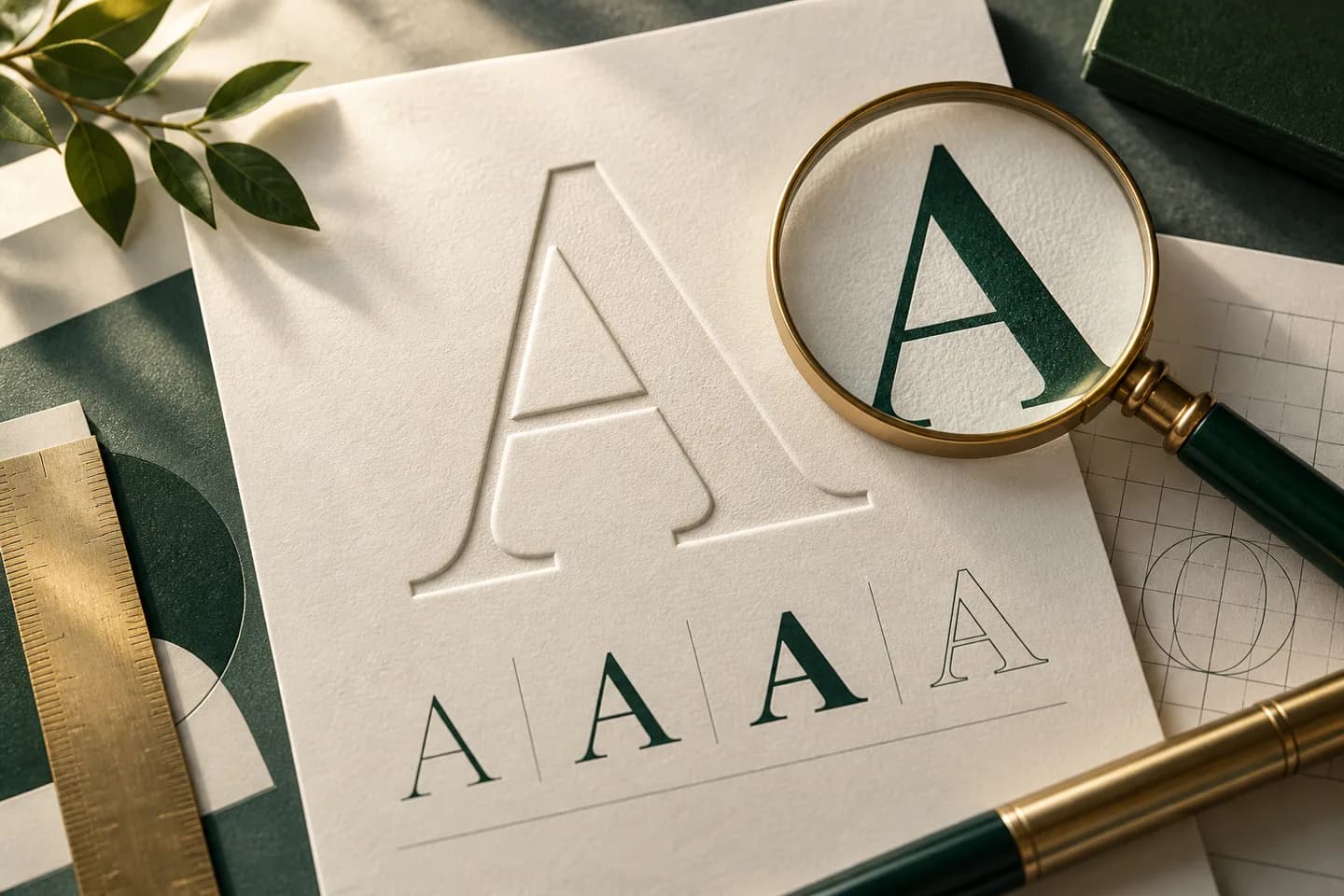Concept illustration: Embossed abstract letter A in cream paper with crisp dark green typographic specimen and magnifier.