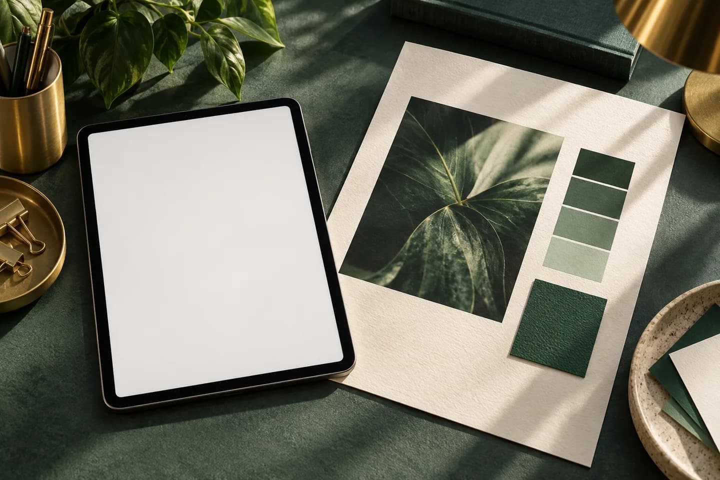 Concept illustration: Blank tablet beside tactile cream print sheet and green color swatch under directional desk light.