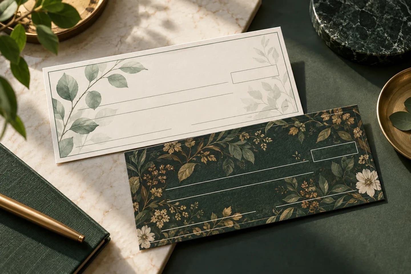 Concept illustration: Abstract pale botanical check shaped paper beside dark busy patterned sample, simple editorial comparison.