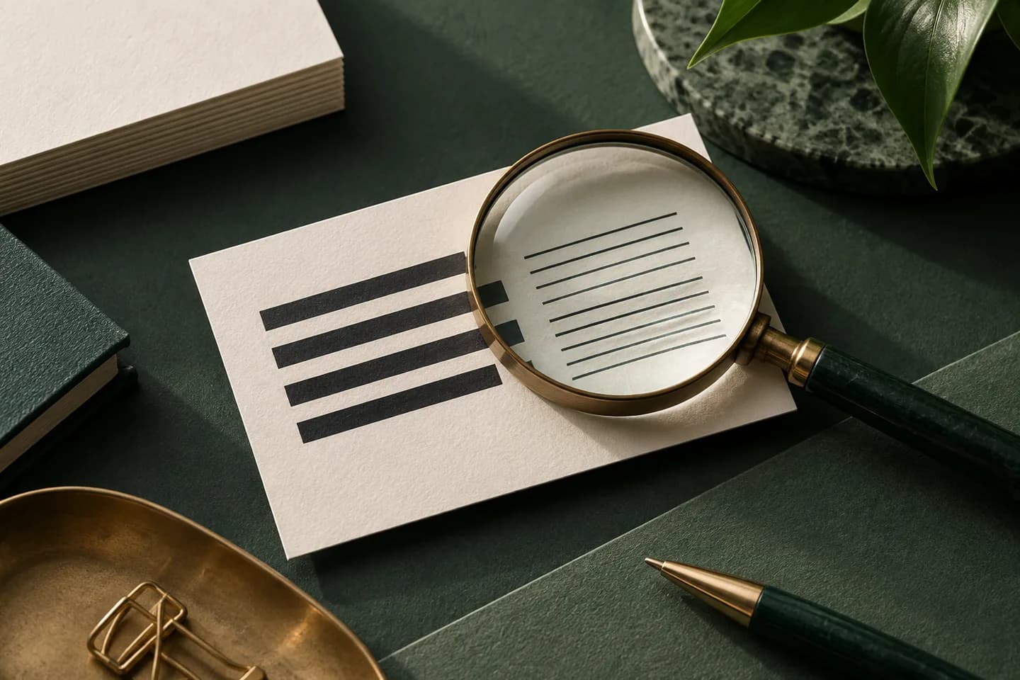 Concept illustration: Magnifier above an abstract typography card with large and small dark lines, meticulous print studio still life.