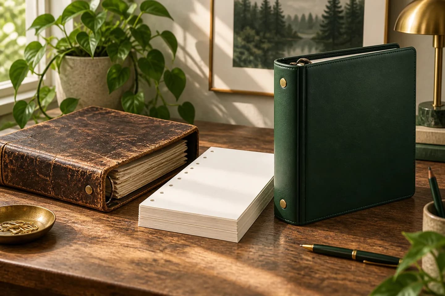 Concept illustration: Worn brown binder beside fresh forest green binder, reusable blank paper stack between them.
