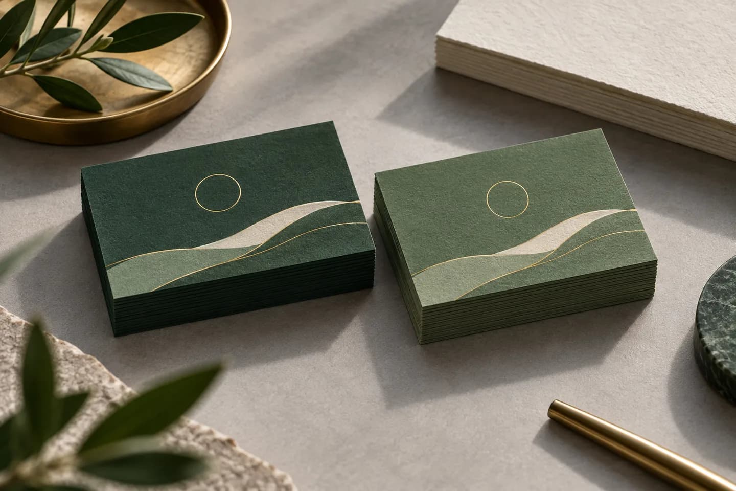 Concept illustration: Two slightly different green card stacks side by side with neutral gray paper and soft daylight.