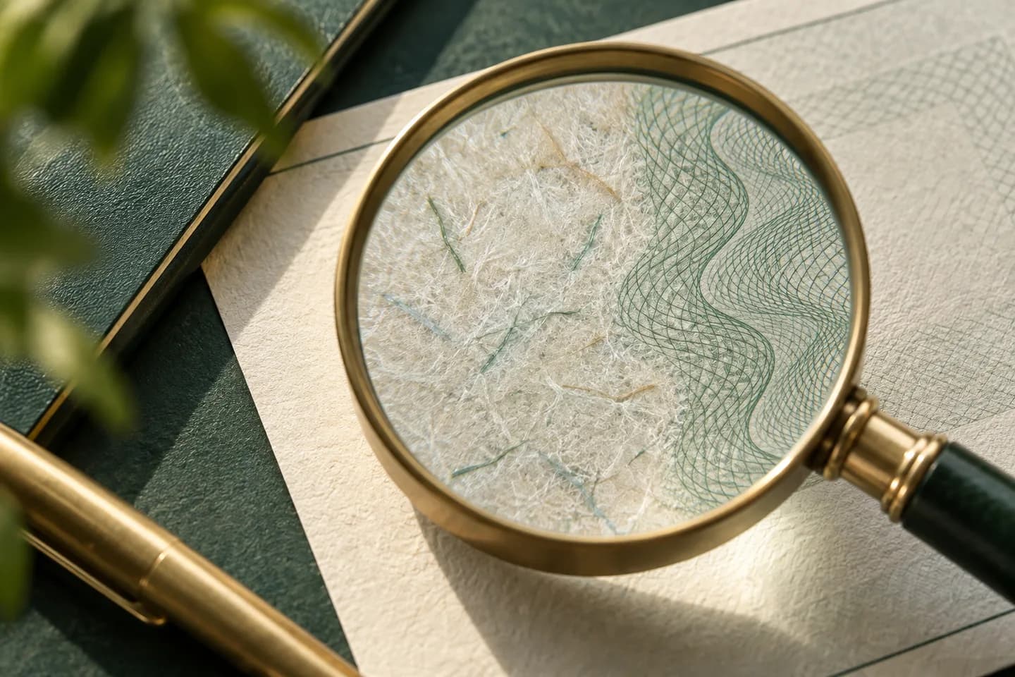 Concept illustration: Macro paper fibers and subtle abstract security pattern beneath a jeweler magnifying glass, no check details.